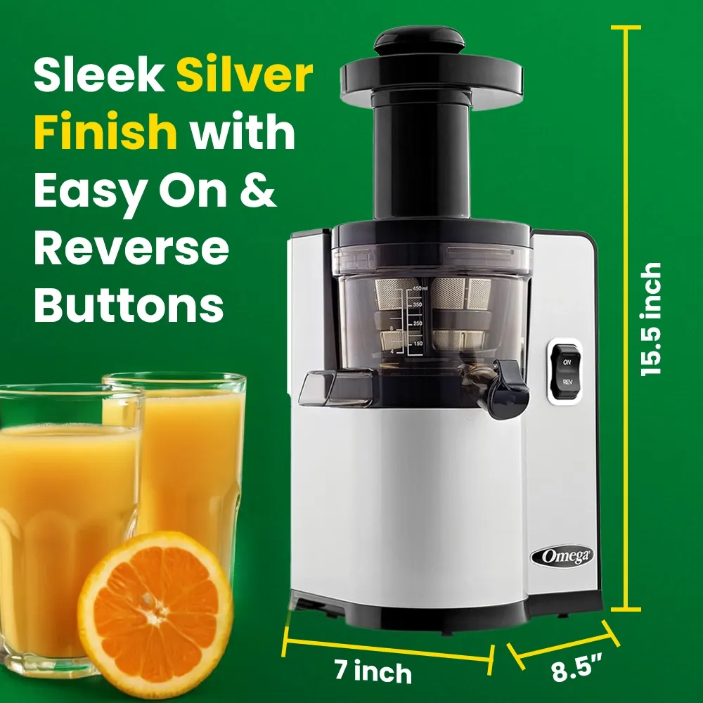 Omega Juicer vertical silver cold press juicer for cafes or hotels, slow squeeze preserves nutrients with compact and quiet operation.