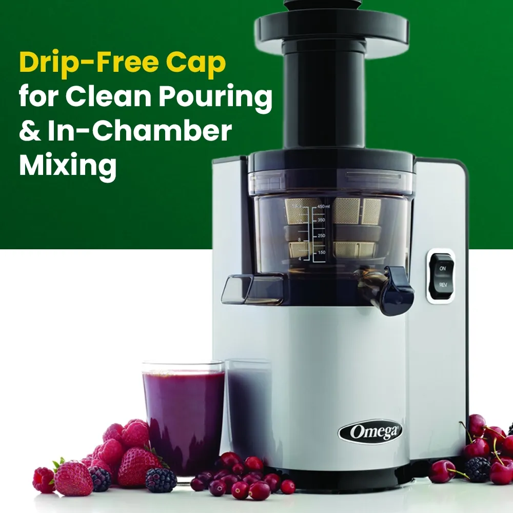 Omega Juicer vertical silver cold press juicer for cafes or hotels, slow squeeze preserves nutrients with compact and quiet operation.