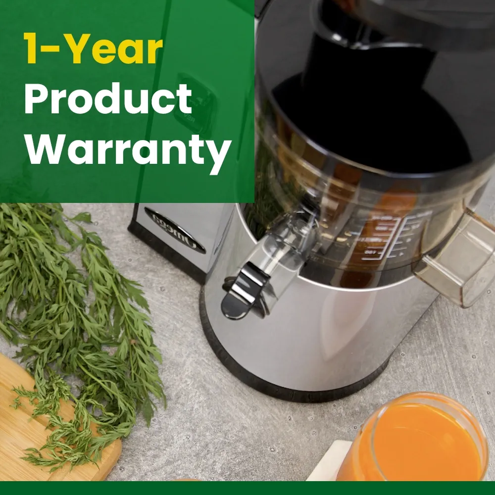 Omega Juicer vertical silver cold press juicer for cafes or hotels, slow squeeze preserves nutrients with compact and quiet operation.