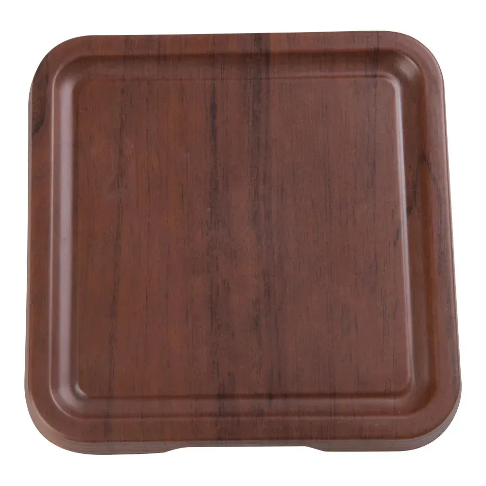 Yanco China square melamine tray with realistic wood-grain finish, perfect for serving snacks, appetizers, or desserts in rustic style.