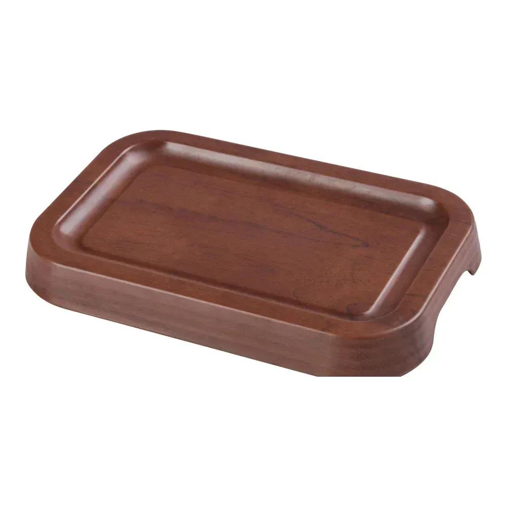 Yanco China melamine rectangular wood-grain tray with foot, perfect for presenting sides or small entrées in modern or classic dining.