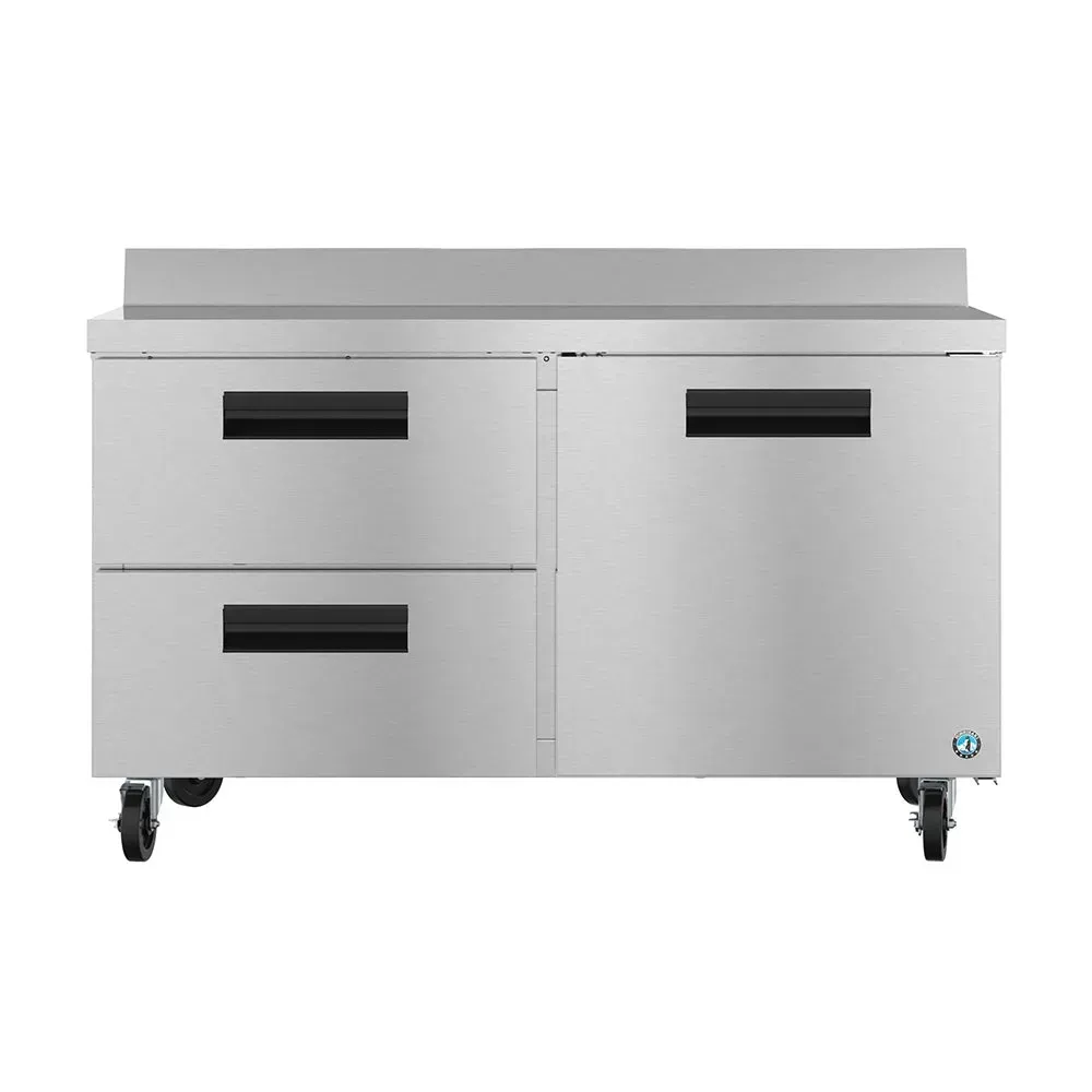 Two section stainless steel worktop refrigerator by Hoshizaki America with a two drawer and one door combo for versatile storage options.