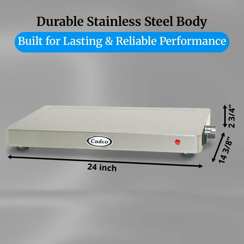 Cadco heavy-duty countertop warming shelf with adjustable heating, compact stainless design for durable commercial buffet or catering presentations.