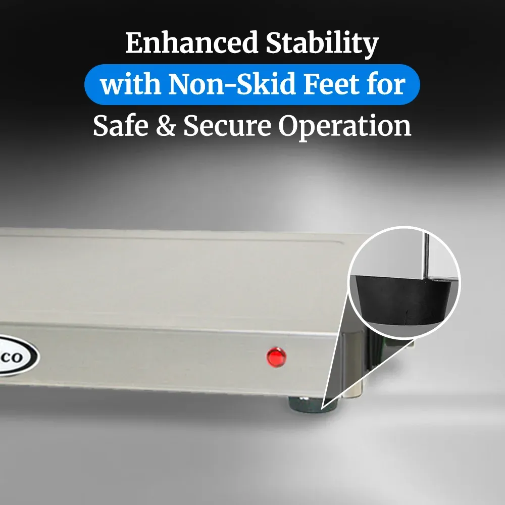 Cadco heavy-duty countertop warming shelf with adjustable heating, compact stainless design for durable commercial buffet or catering presentations.