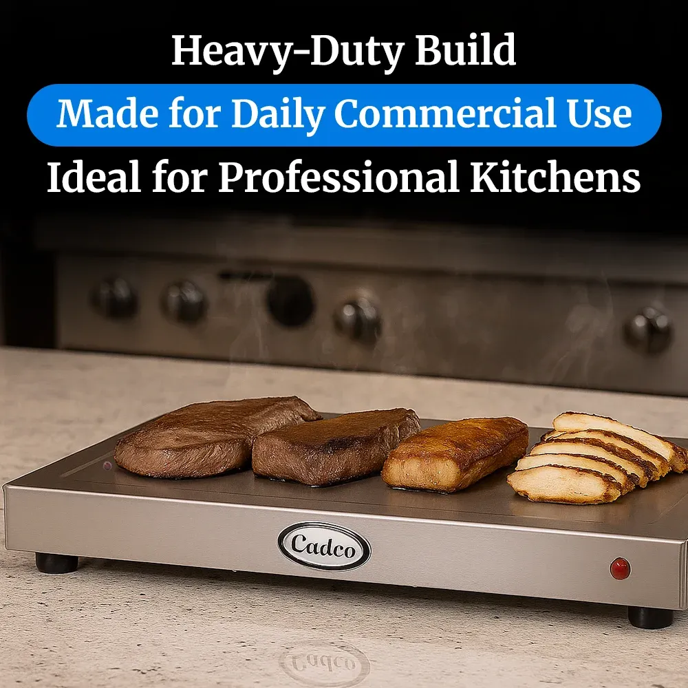 Cadco heavy-duty countertop warming shelf with adjustable heating, compact stainless design for durable commercial buffet or catering presentations.
