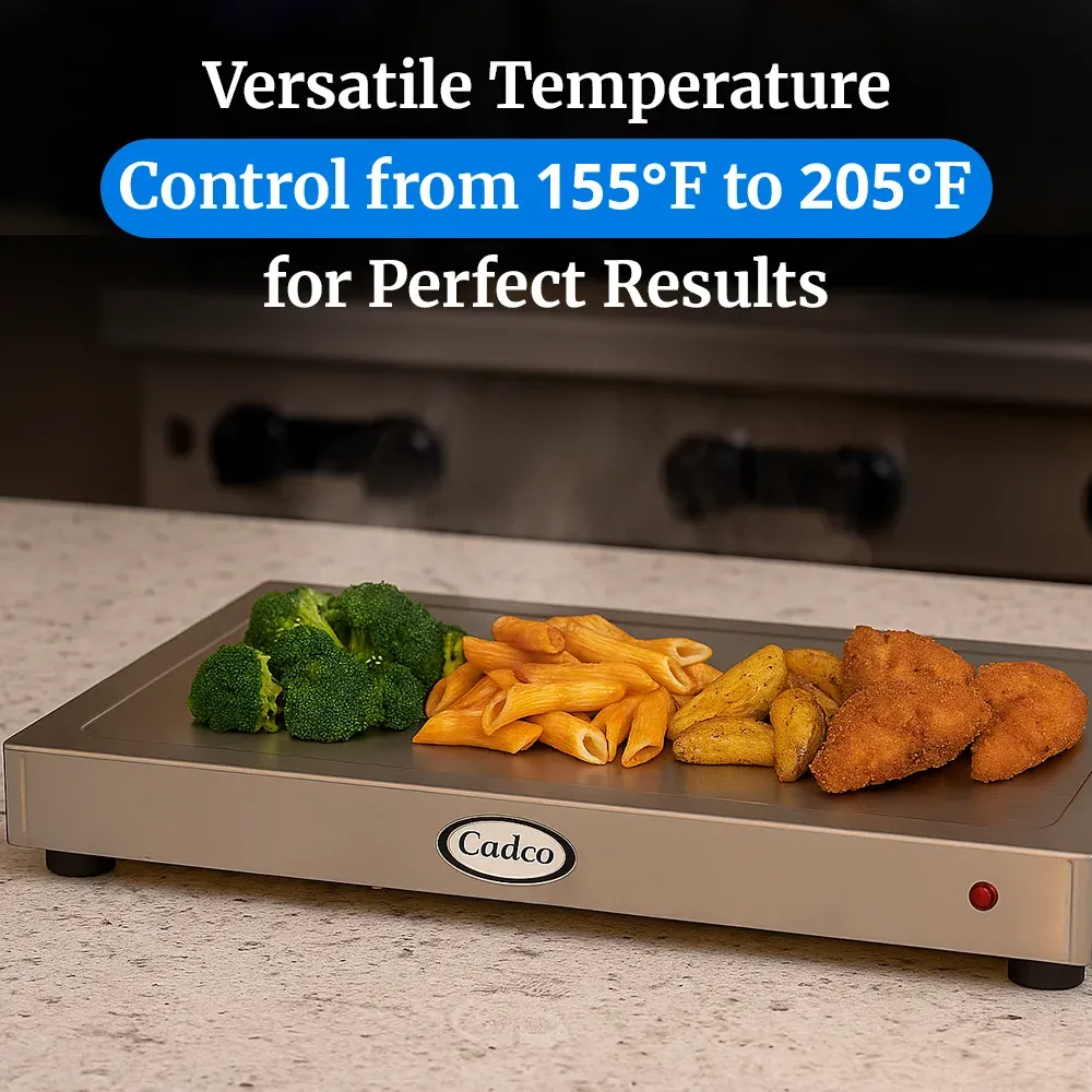 Cadco heavy-duty countertop warming shelf with adjustable heating, compact stainless design for durable commercial buffet or catering presentations.