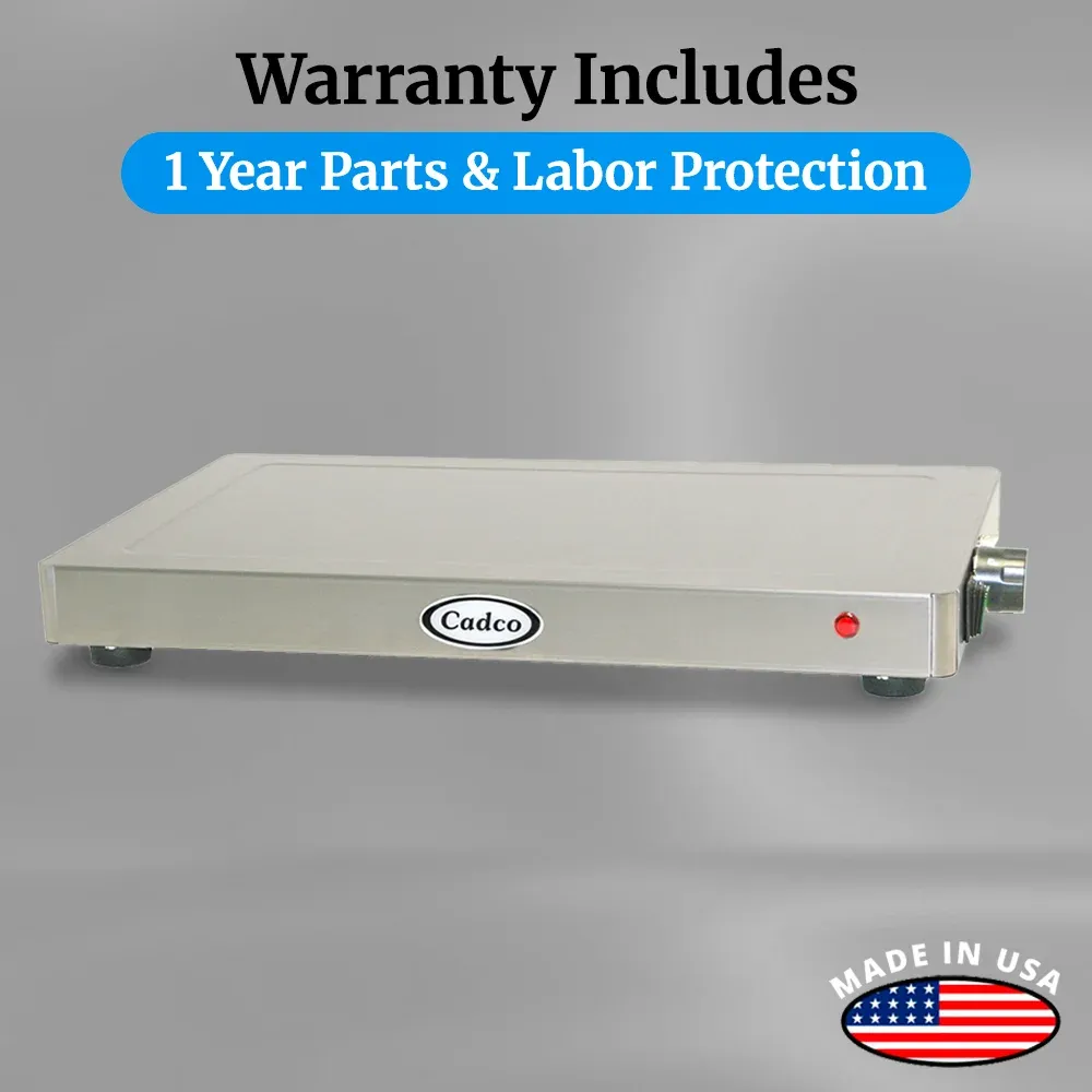Cadco heavy-duty countertop warming shelf with adjustable heating, compact stainless design for durable commercial buffet or catering presentations.