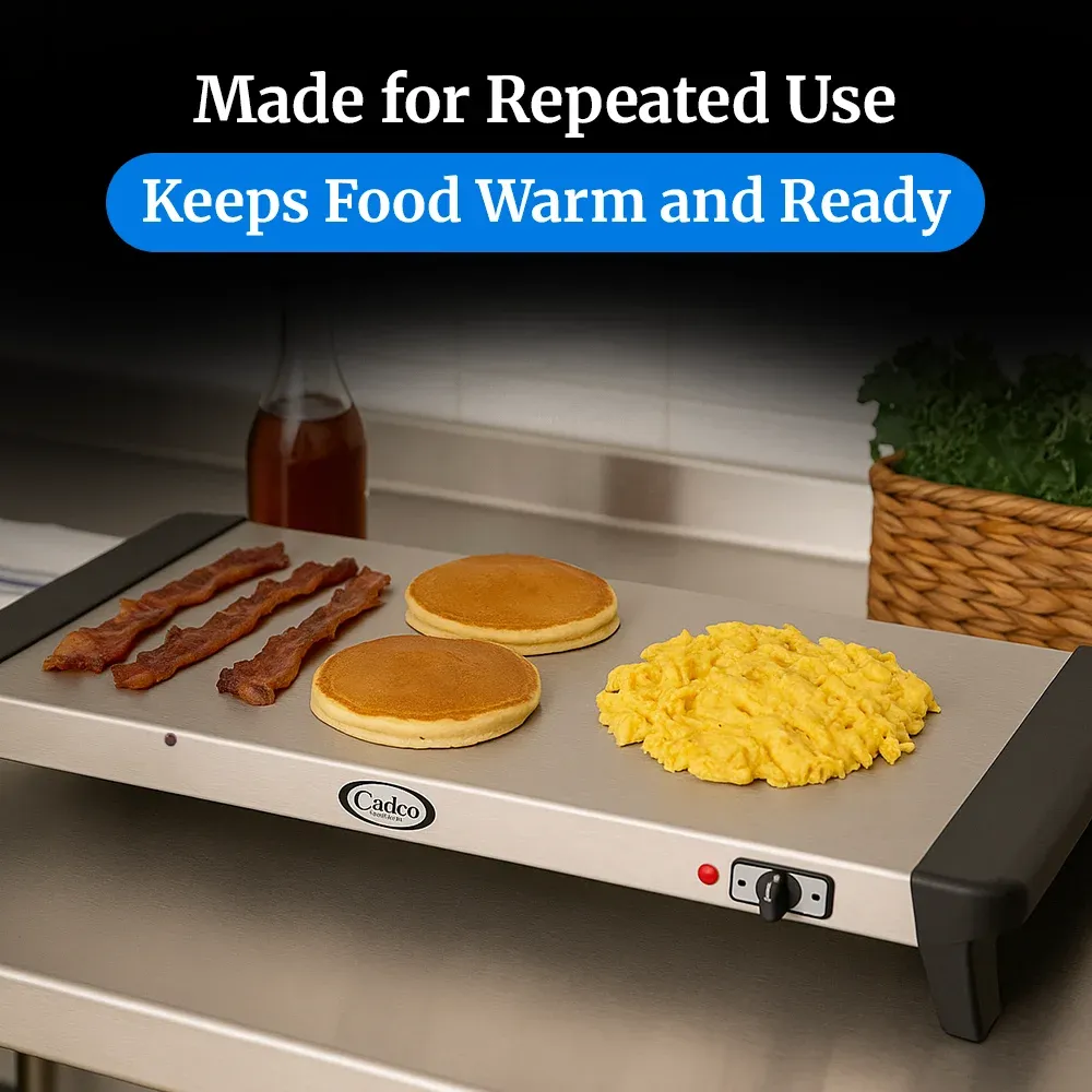 Cadco compact electric warming shelf in brushed stainless steel offers consistent heat for plated dishes on small service lines or kitchen staging.