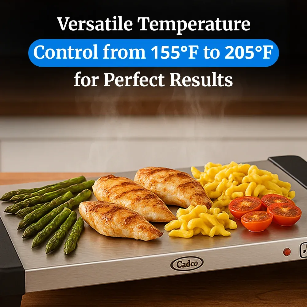 Cadco compact electric warming shelf in brushed stainless steel offers consistent heat for plated dishes on small service lines or kitchen staging.