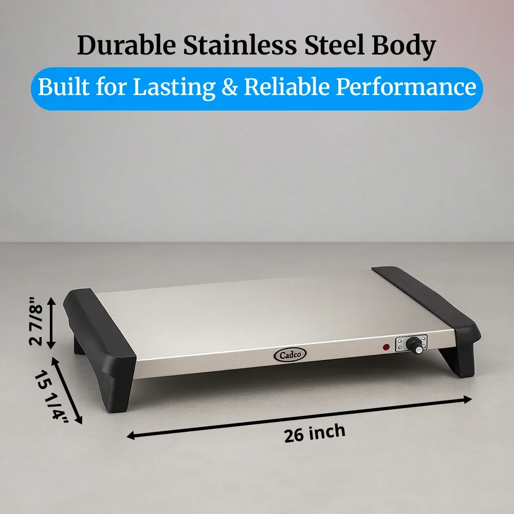 Cadco compact electric warming shelf in brushed stainless steel offers consistent heat for plated dishes on small service lines or kitchen staging.