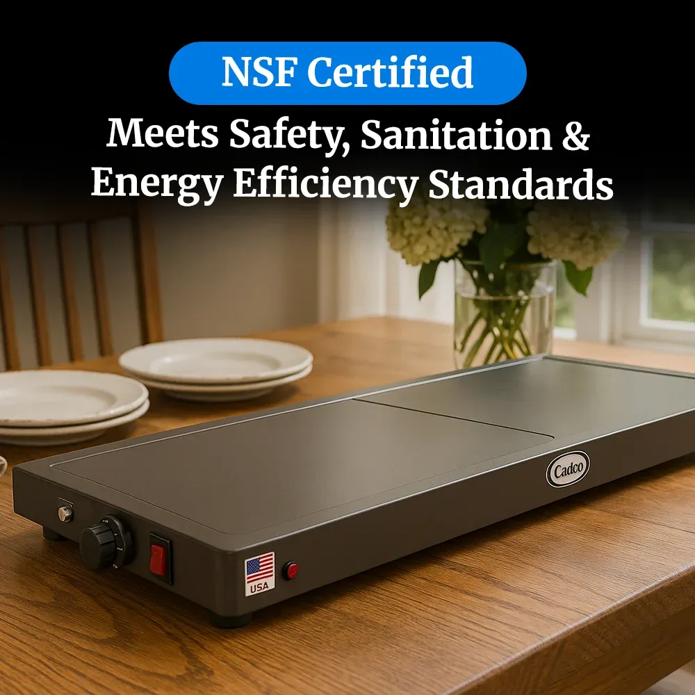 Cadco stainless steel countertop warming shelf with sleek black surface keeps plated meals hot and presentable in restaurants or catering setups.