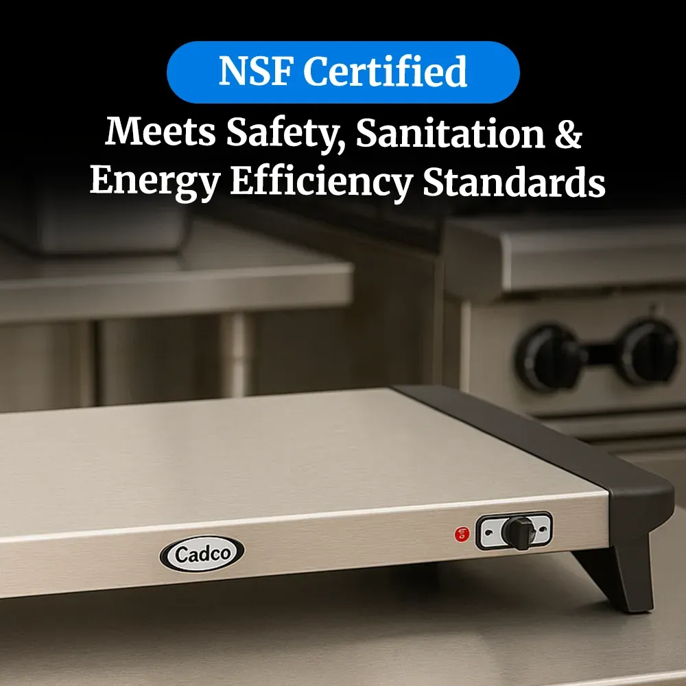 Cadco extra-large countertop warming shelf with stainless steel body, vented design, and adjustable thermostat for commercial food presentation.