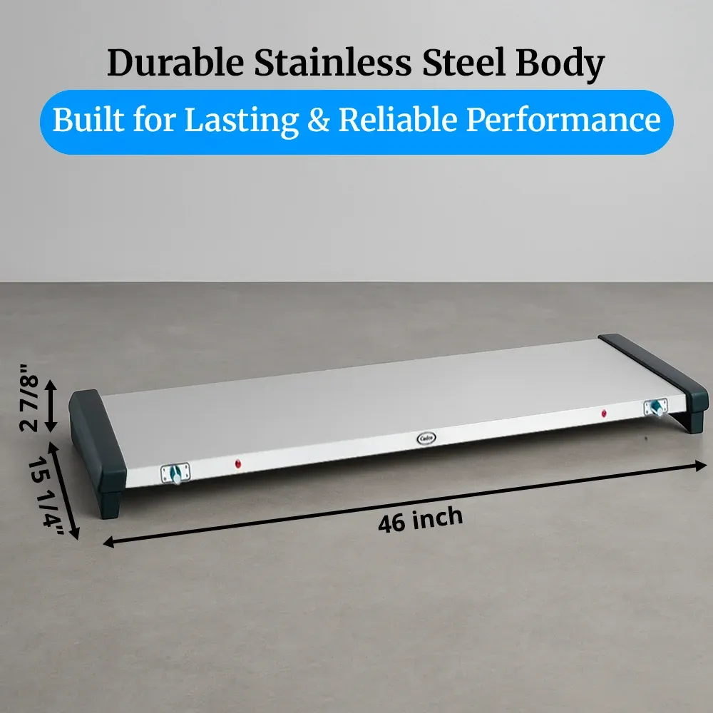 Cadco extra-large countertop warming shelf with stainless steel body, vented design, and adjustable thermostat for commercial food presentation.