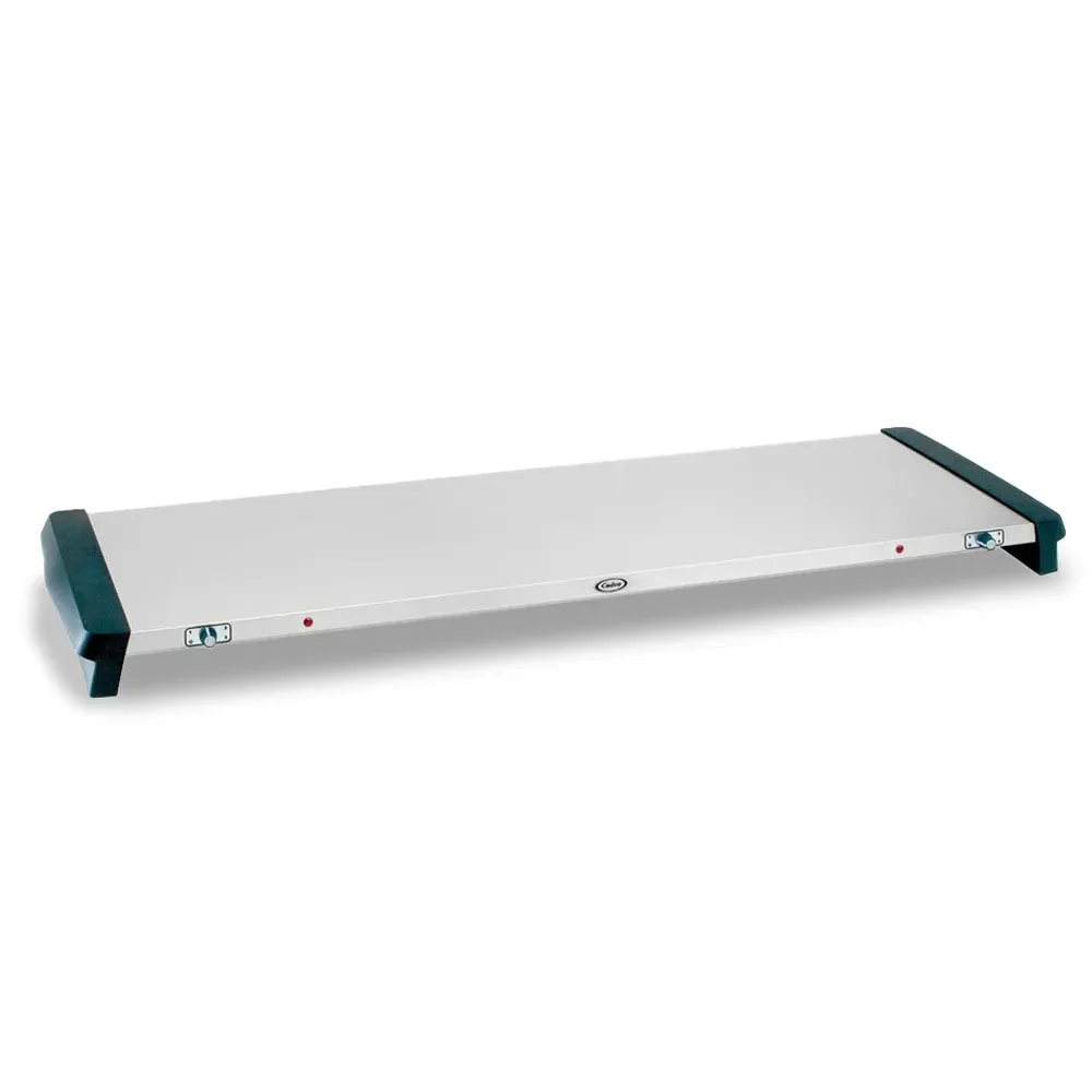 Cadco extra-large countertop warming shelf with stainless steel body, vented design, and adjustable thermostat for commercial food presentation.