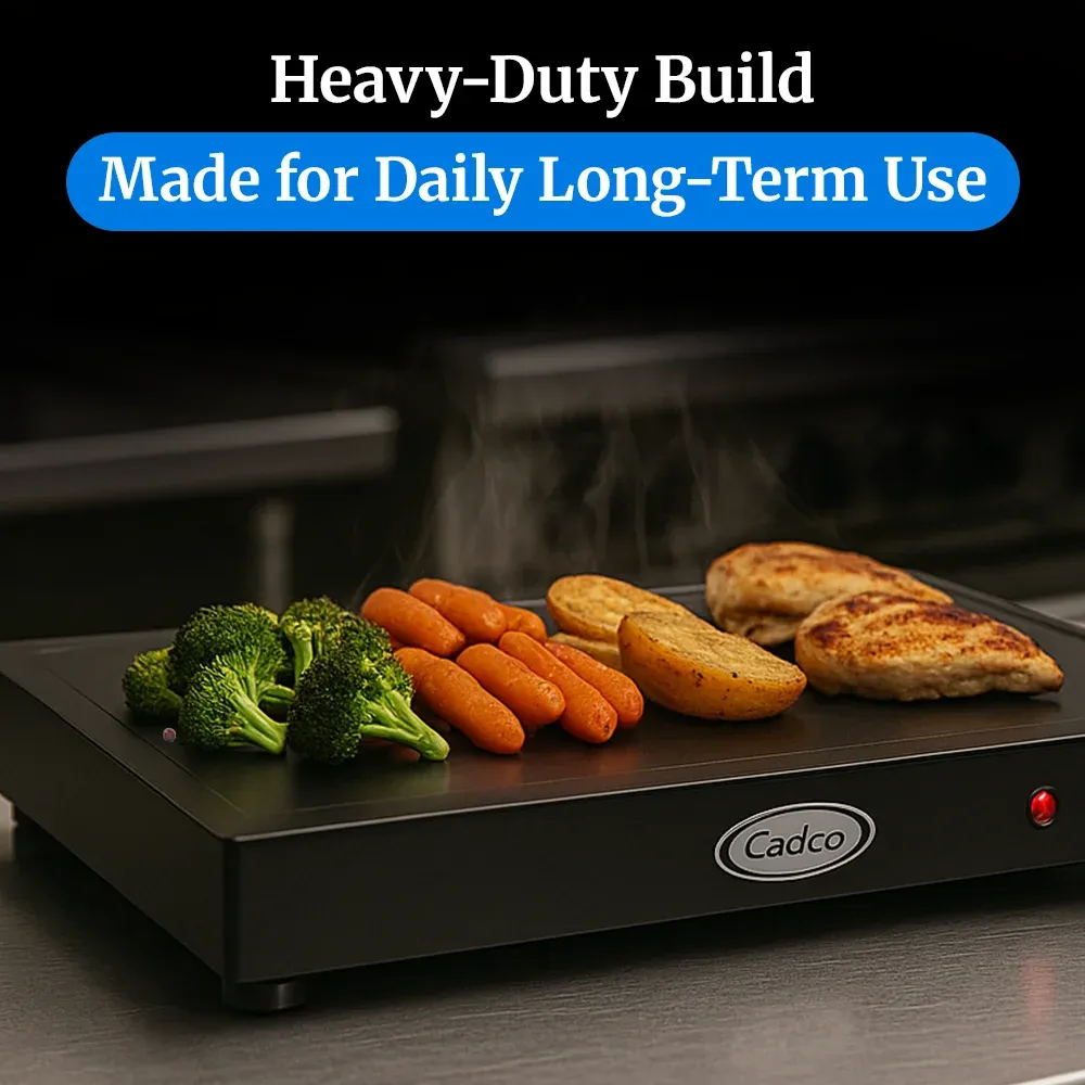 Cadco compact heavy-duty countertop warming shelf with stainless finish, adjustable temperature, durable build for catering or commercial food display