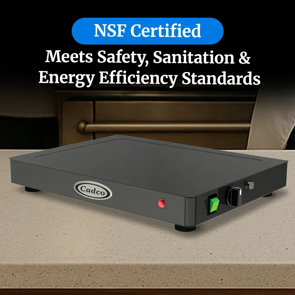 Cadco compact heavy-duty countertop warming shelf with stainless finish, adjustable temperature, durable build for catering or commercial food display