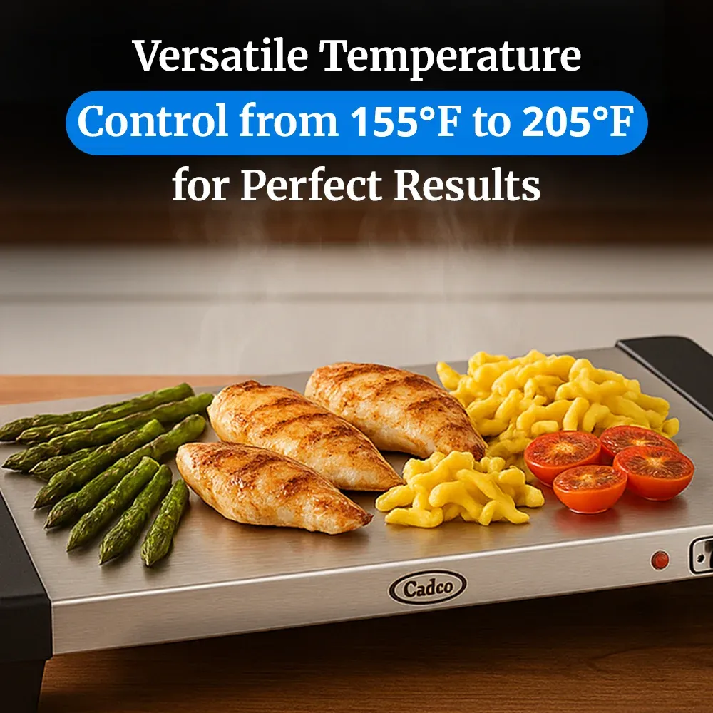 Cadco compact electric countertop warming shelf in stainless steel, easy to clean, with adjustable thermostat for commercial buffet or catering needs.