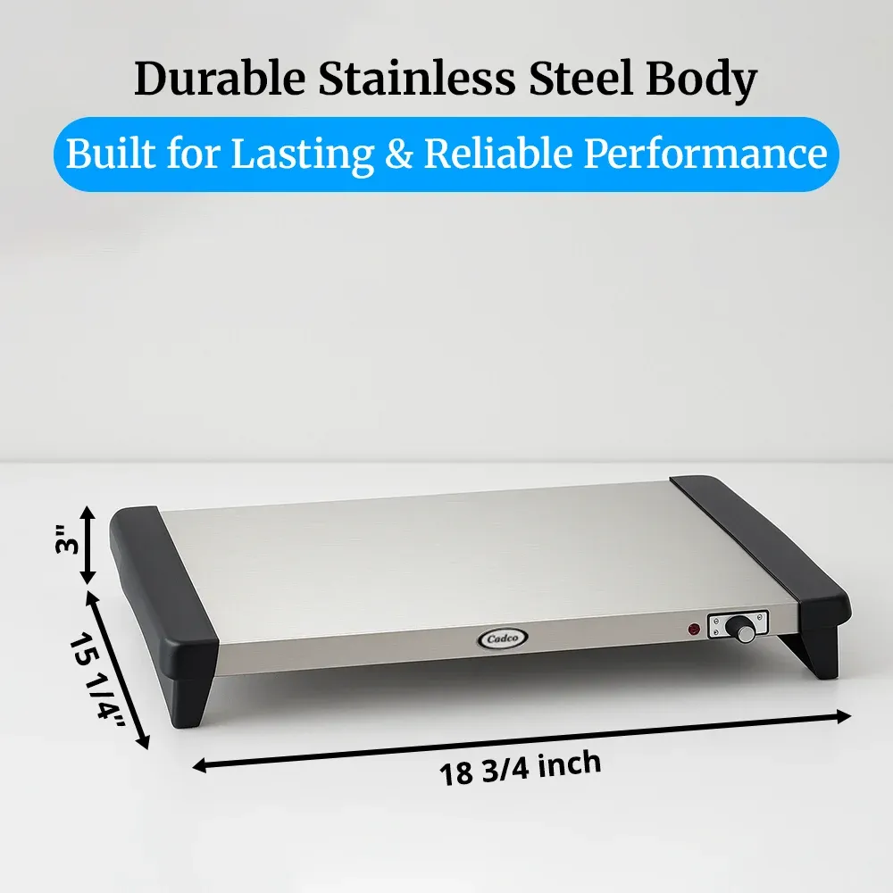 Cadco compact electric countertop warming shelf in stainless steel, easy to clean, with adjustable thermostat for commercial buffet or catering needs.