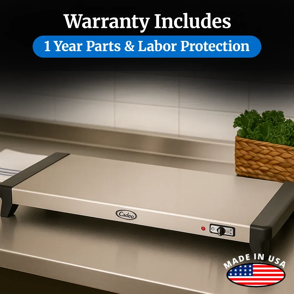 Cadco compact electric countertop warming shelf in stainless steel, easy to clean, with adjustable thermostat for commercial buffet or catering needs.