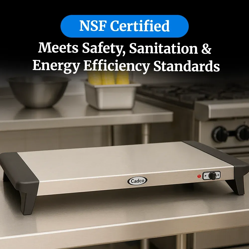Cadco compact electric countertop warming shelf in stainless steel, easy to clean, with adjustable thermostat for commercial buffet or catering needs.