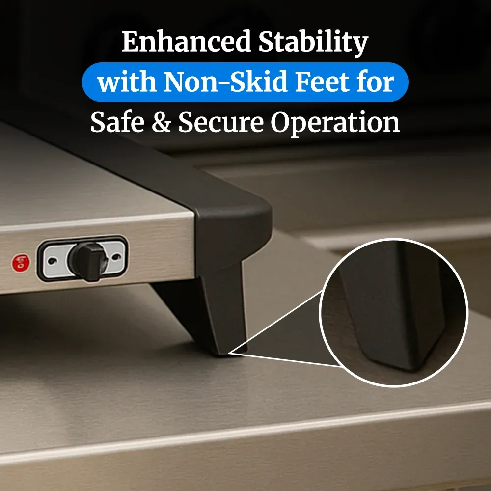 Cadco compact electric countertop warming shelf in stainless steel, easy to clean, with adjustable thermostat for commercial buffet or catering needs.