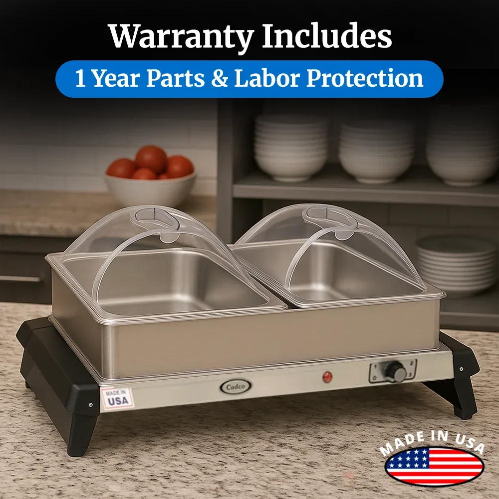 Cadco double buffet server with stainless body, clear lids, and warming trays, compact yet durable for catering or restaurant quick-setup food service