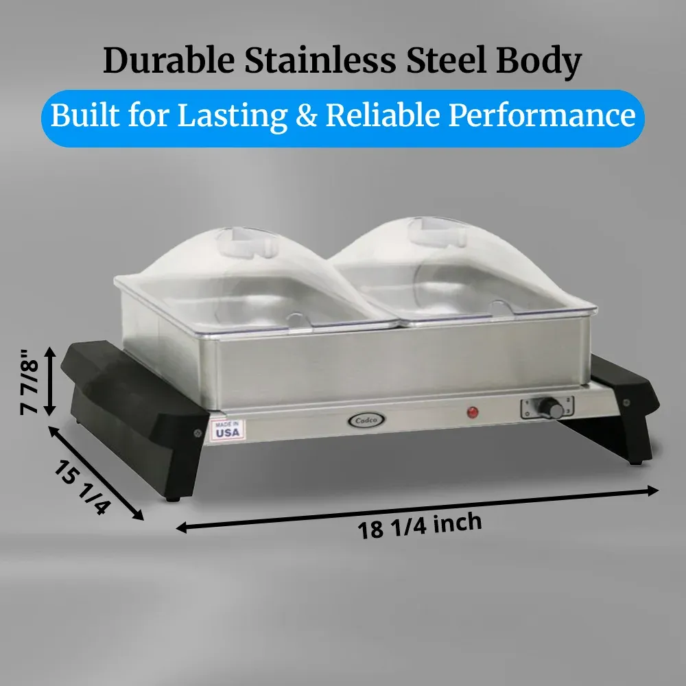 Cadco double buffet server with stainless body, clear lids, and warming trays, compact yet durable for catering or restaurant quick-setup food service