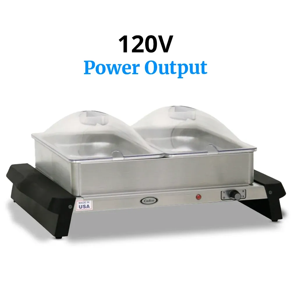 Cadco double buffet server with stainless body, clear lids, and warming trays, compact yet durable for catering or restaurant quick-setup food service