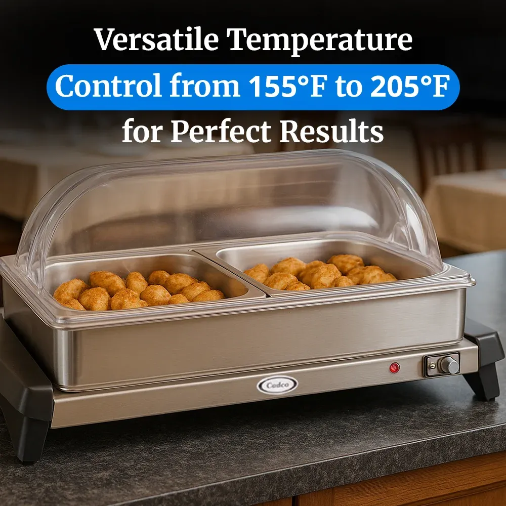 Cadco two-compartment buffet server with roll-top lids in stainless steel is ideal for keeping entrees and sides hot at catered brunches or buffets.