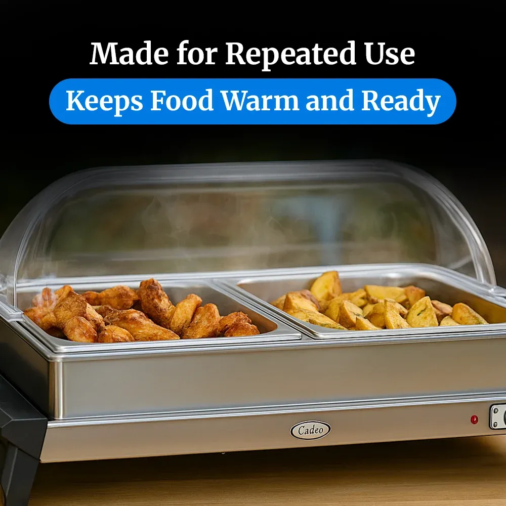 Cadco two-compartment buffet server with roll-top lids in stainless steel is ideal for keeping entrees and sides hot at catered brunches or buffets.