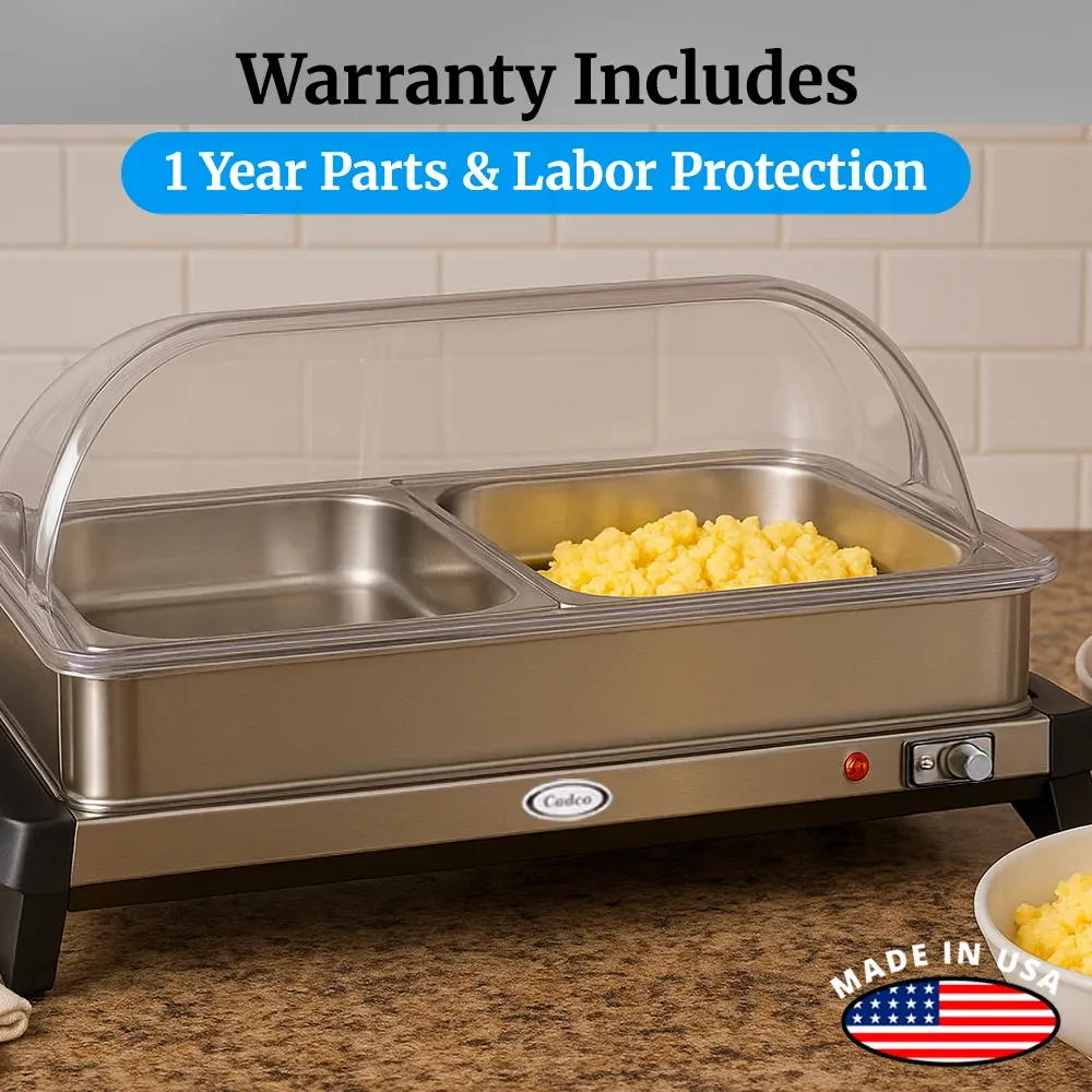 Cadco two-compartment buffet server with roll-top lids in stainless steel is ideal for keeping entrees and sides hot at catered brunches or buffets.