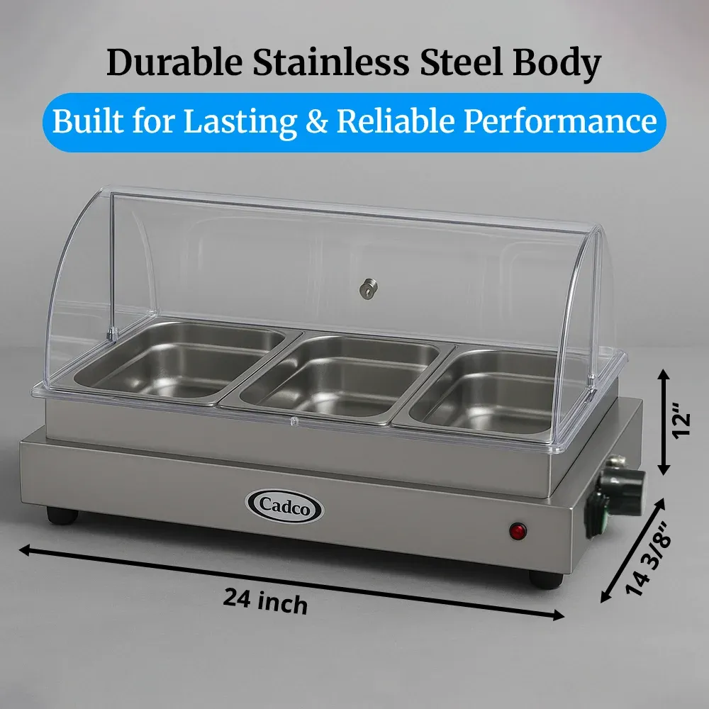 Cadco three-compartment electric buffet server with roll-top lid, stainless steel, heavy-duty, adjustable thermostat, catering durable easy-clean.