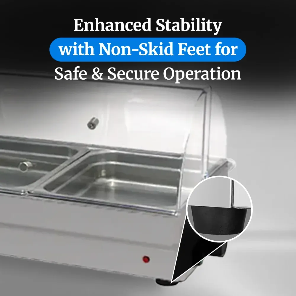 Cadco three-compartment electric buffet server with roll-top lid, stainless steel, heavy-duty, adjustable thermostat, catering durable easy-clean.