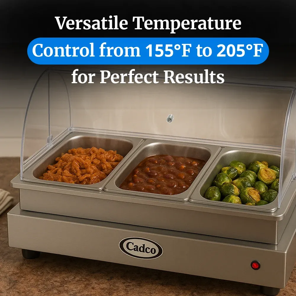 Cadco three-compartment electric buffet server with roll-top lid, stainless steel, heavy-duty, adjustable thermostat, catering durable easy-clean.