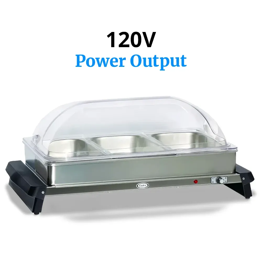 Cadco three-compartment electric buffet server with roll-top lid, stainless steel, adjustable thermostat, catering durable compact versatile.