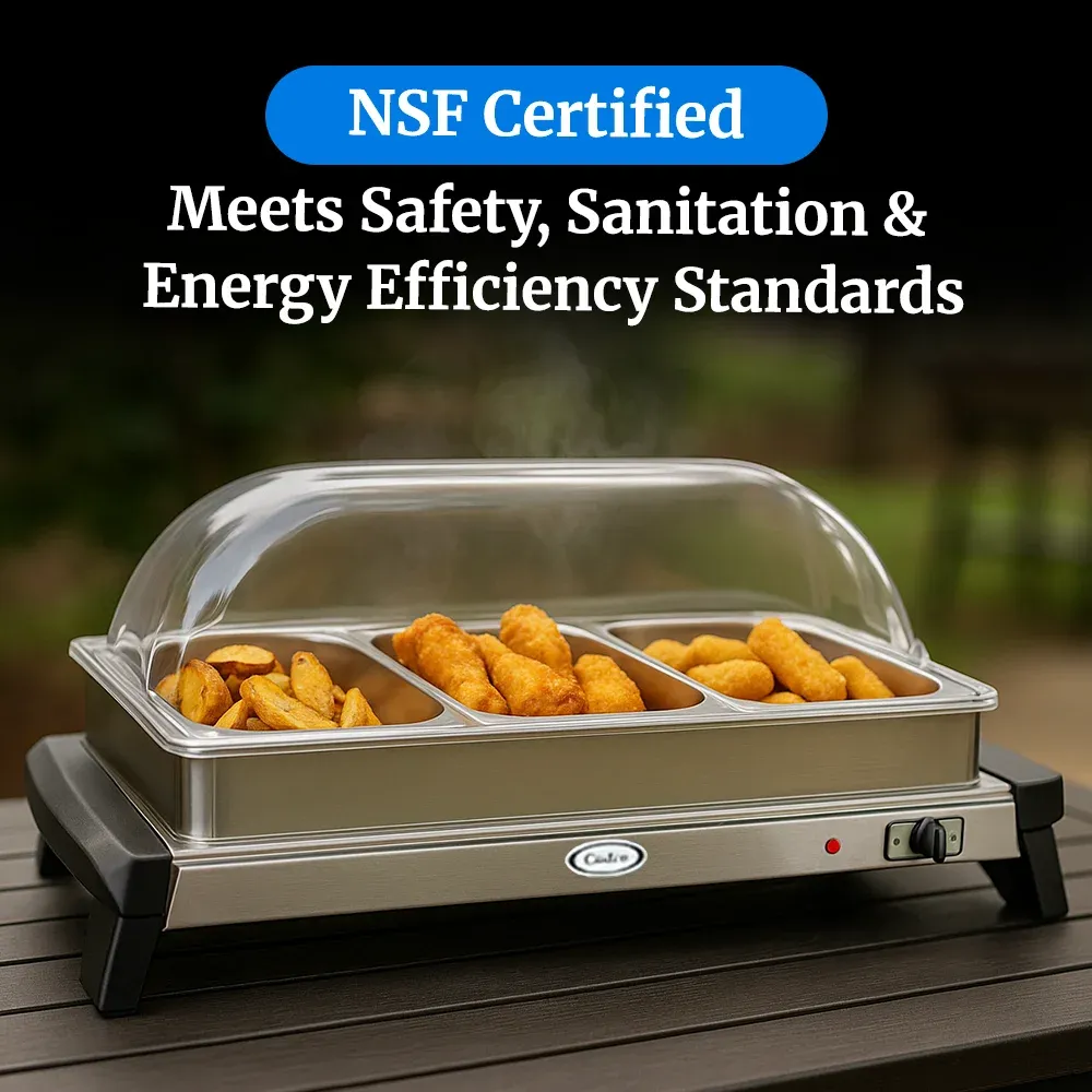 Cadco three-compartment electric buffet server with roll-top lid, stainless steel, adjustable thermostat, catering durable compact versatile.