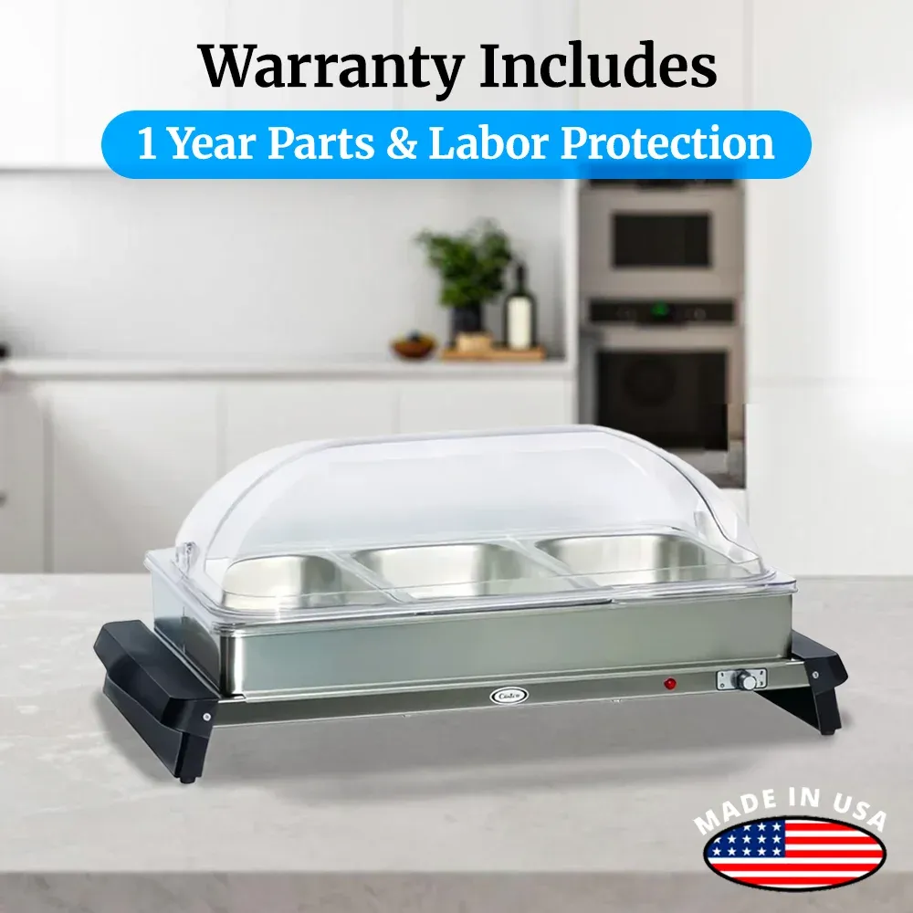 Cadco three-compartment electric buffet server with roll-top lid, stainless steel, adjustable thermostat, catering durable compact versatile.