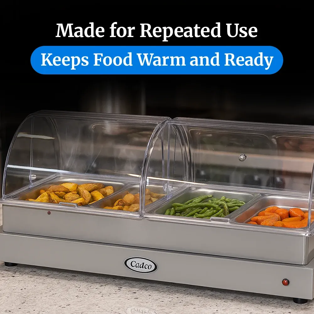 Cadco four-compartment buffet server with roll-top lids in stainless steel keeps entrees, sides, and sauces warm for large-scale food service events.