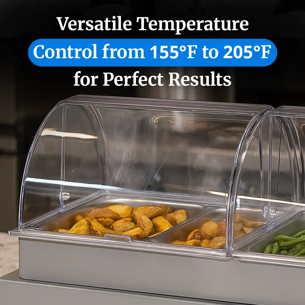 Cadco four-compartment buffet server with roll-top lids in stainless steel keeps entrees, sides, and sauces warm for large-scale food service events.