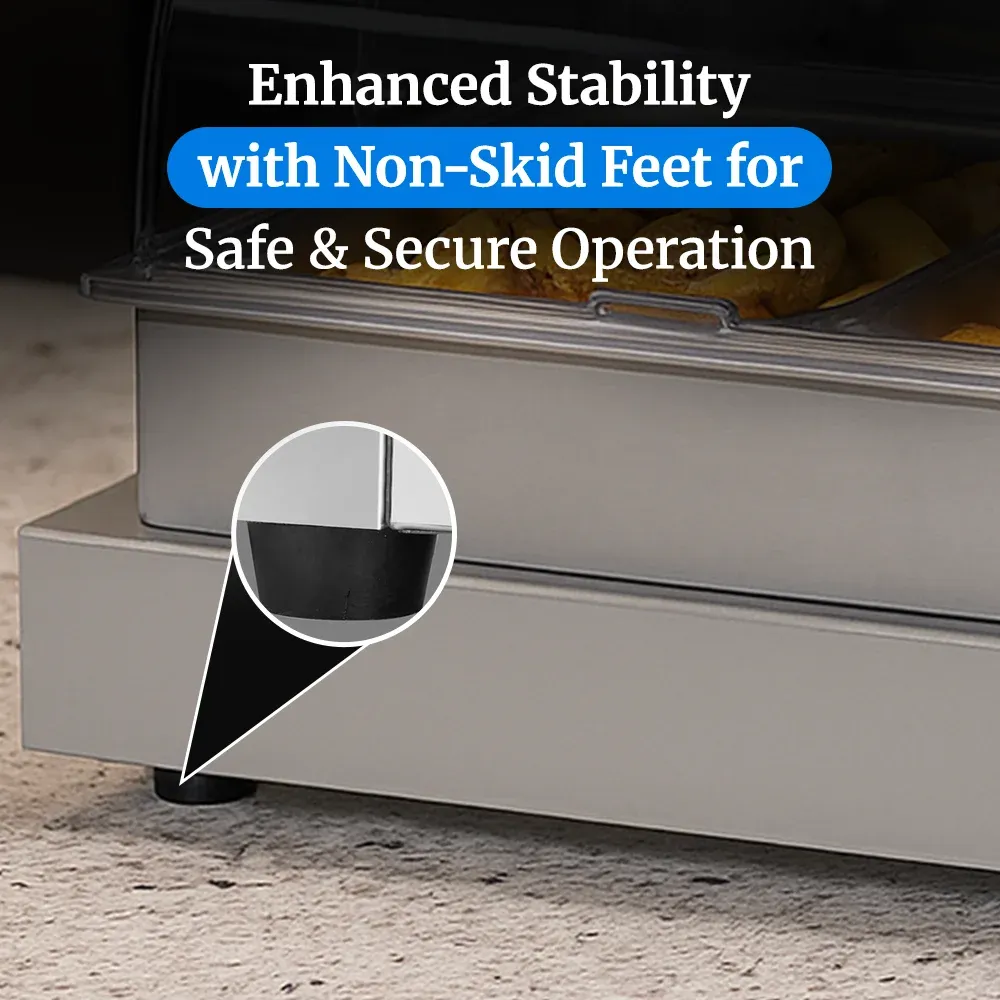 Cadco four-compartment buffet server with roll-top lids in stainless steel keeps entrees, sides, and sauces warm for large-scale food service events.