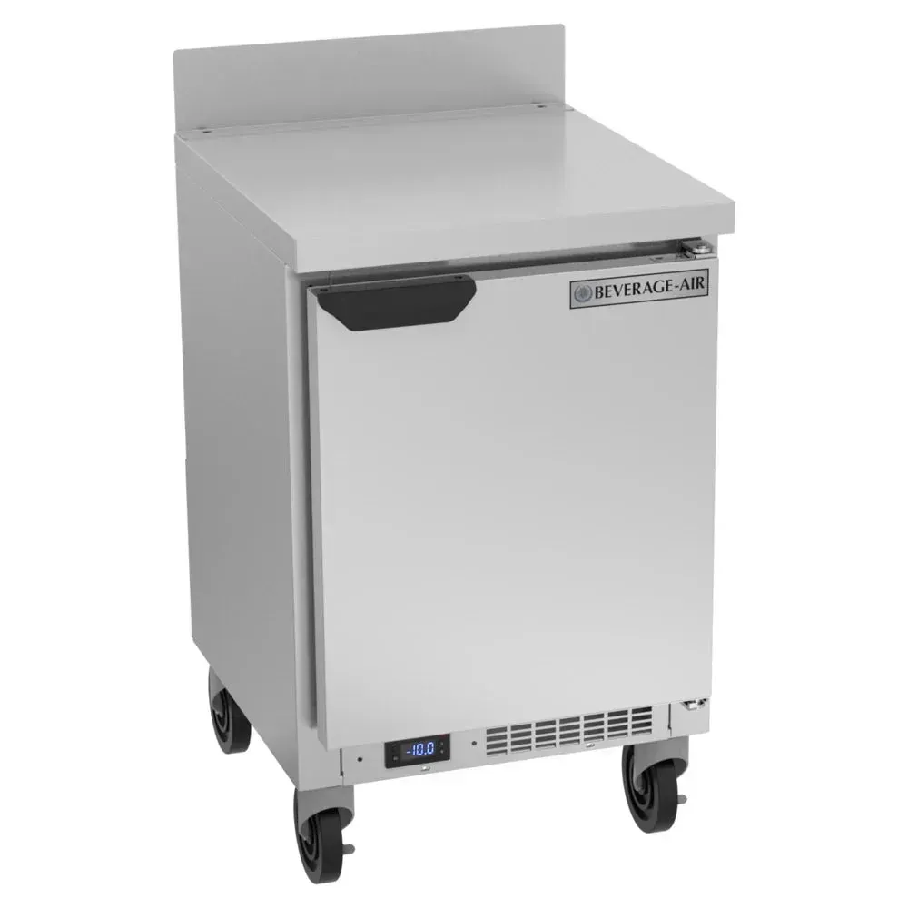 Single-door compact worktop freezer offers shallow-depth frozen storage; Beverage-Air stainless build suits restaurants, hotels, or cafes.