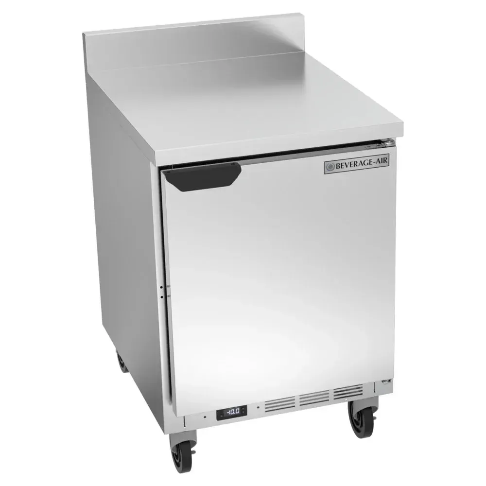 Worktop freezer with backsplash provides compact frozen storage and sanitary prep; Beverage-Air stainless build suits cafes or hotels.