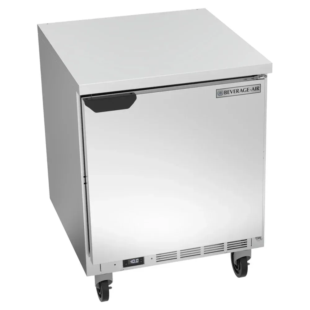 Flat-top freezer combines prep surface and frozen storage; Beverage-Air stainless construction serves hotels, cafes, and restaurants.
