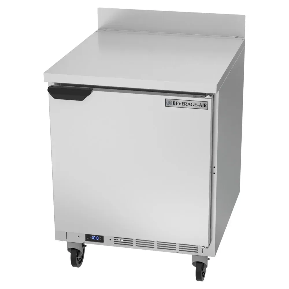 Front-breathing worktop freezer fits under counters for frozen storage; Beverage-Air stainless unit suits restaurants or hotel kitchens.