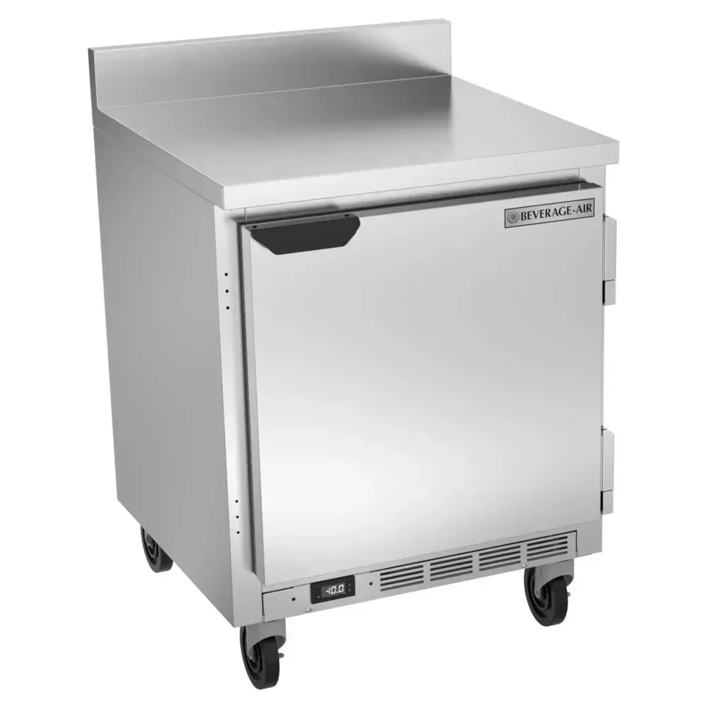 Worktop freezer with backsplash protects walls and keeps frozen goods nearby; Beverage-Air stainless build suits busy cafe prep stations.