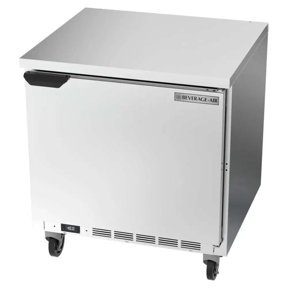 Single-door worktop freezer with flat top adds compact frozen storage and prep space; Beverage-Air stainless design suits small cafe kitchens.