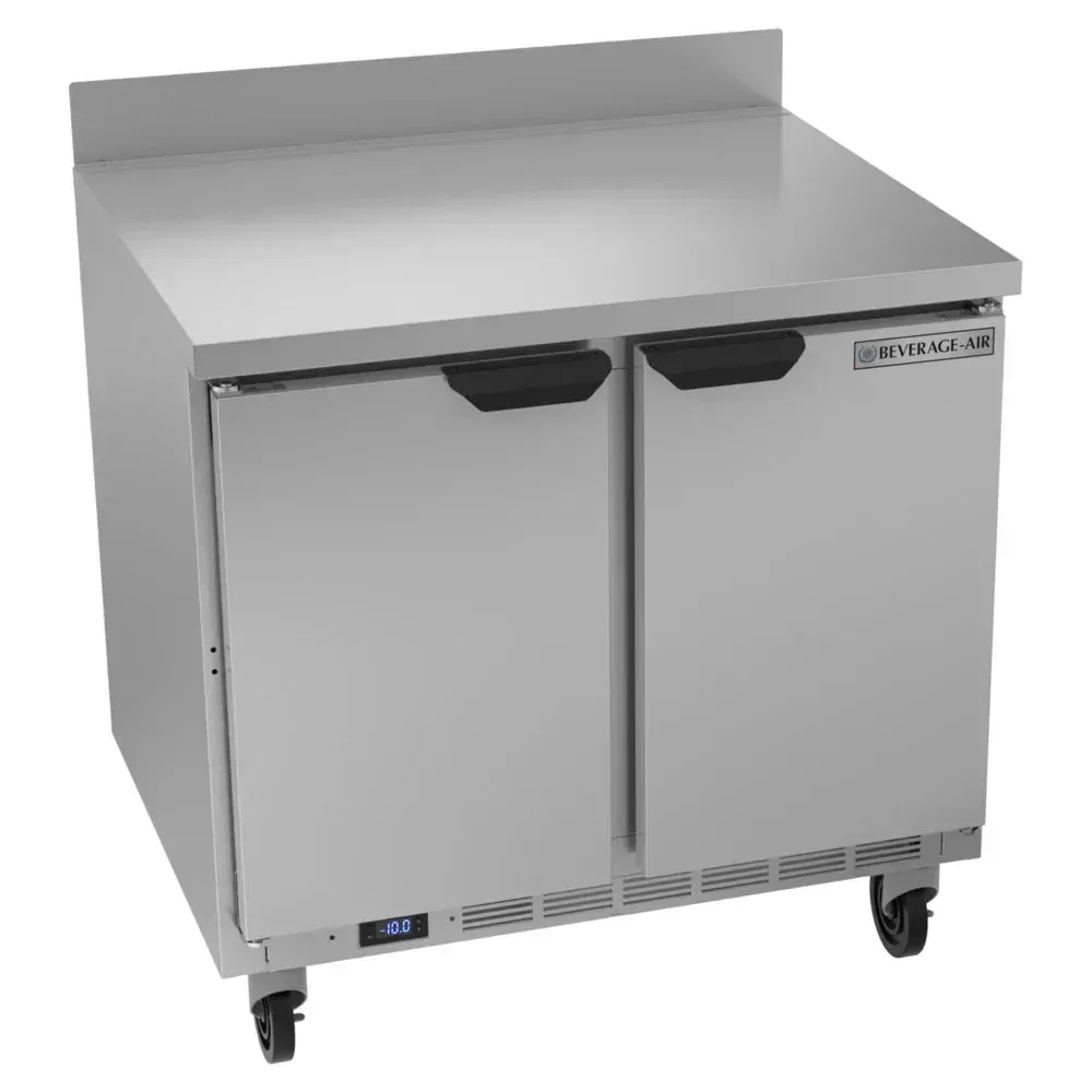 Space-saving two-door worktop freezer offers under-counter frozen storage; Beverage-Air stainless construction fits tight commercial kitchens.