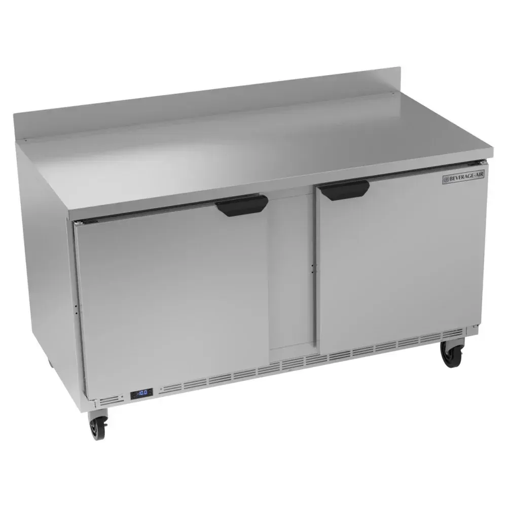 Worktop freezer offers frozen storage and prep space in commercial kitchens; Beverage-Air stainless construction ensures lasting performance.