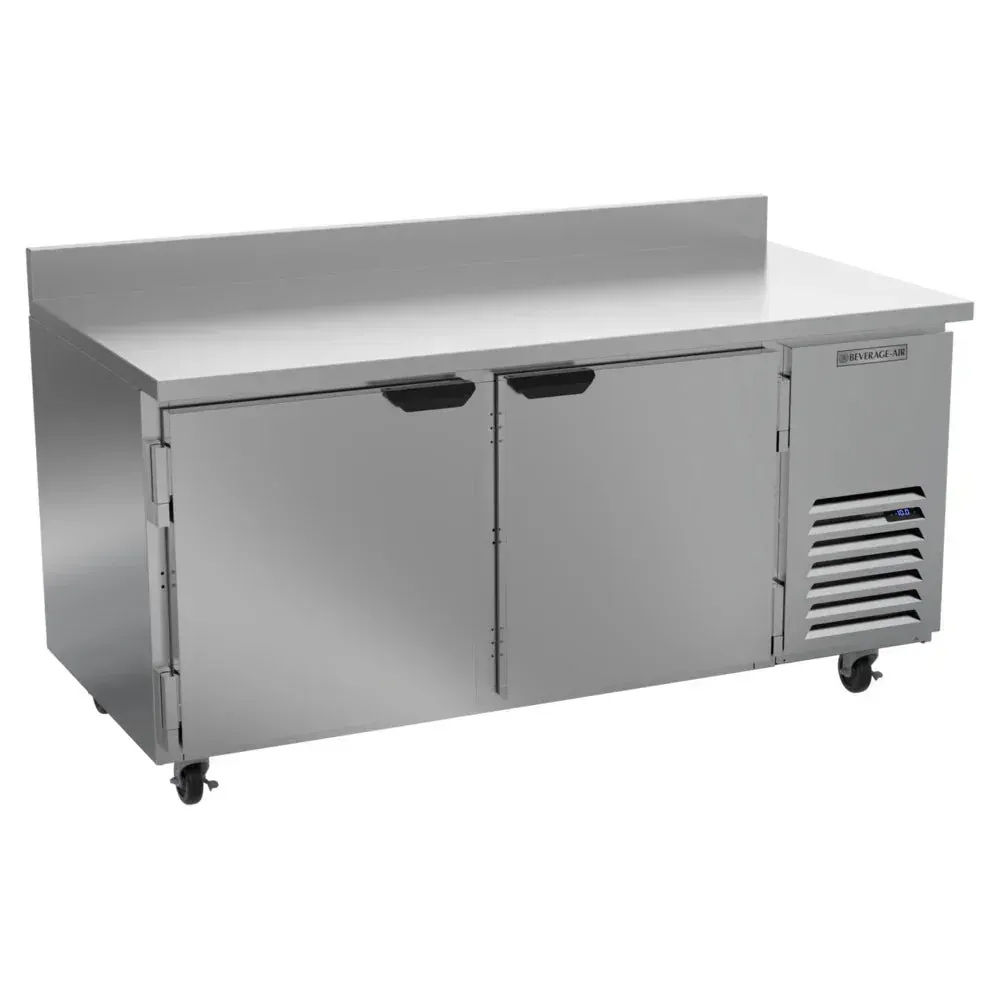 Two-door worktop freezer provides ample frozen storage; Beverage-Air stainless build secures ingredients in hotel, cafe, or restaurant prep.