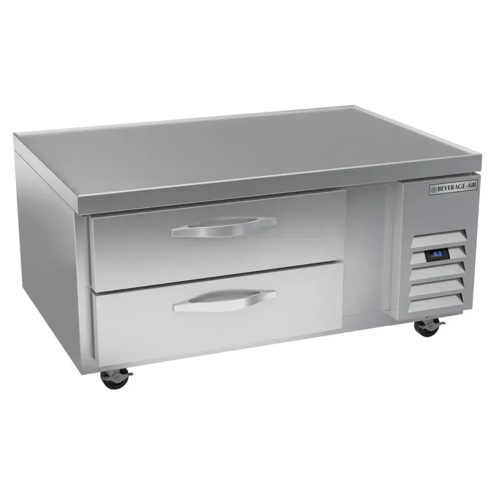 Two-drawer chef base freezer offers frozen storage in tight spaces; Beverage-Air stainless construction suits small cafes or prep zones.